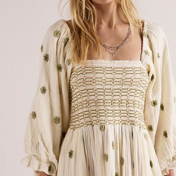 Free People Dahlia Maxi Dress Cream/Green Floral Embroidered 3/4 Puff Sleeves M - Picture 3 of 11